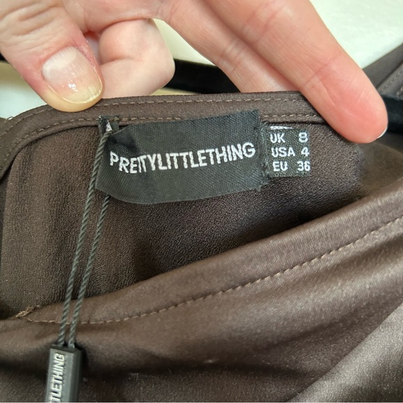 Brown Satin Draped Off The Shoulder Dress - Picture 11 of 13